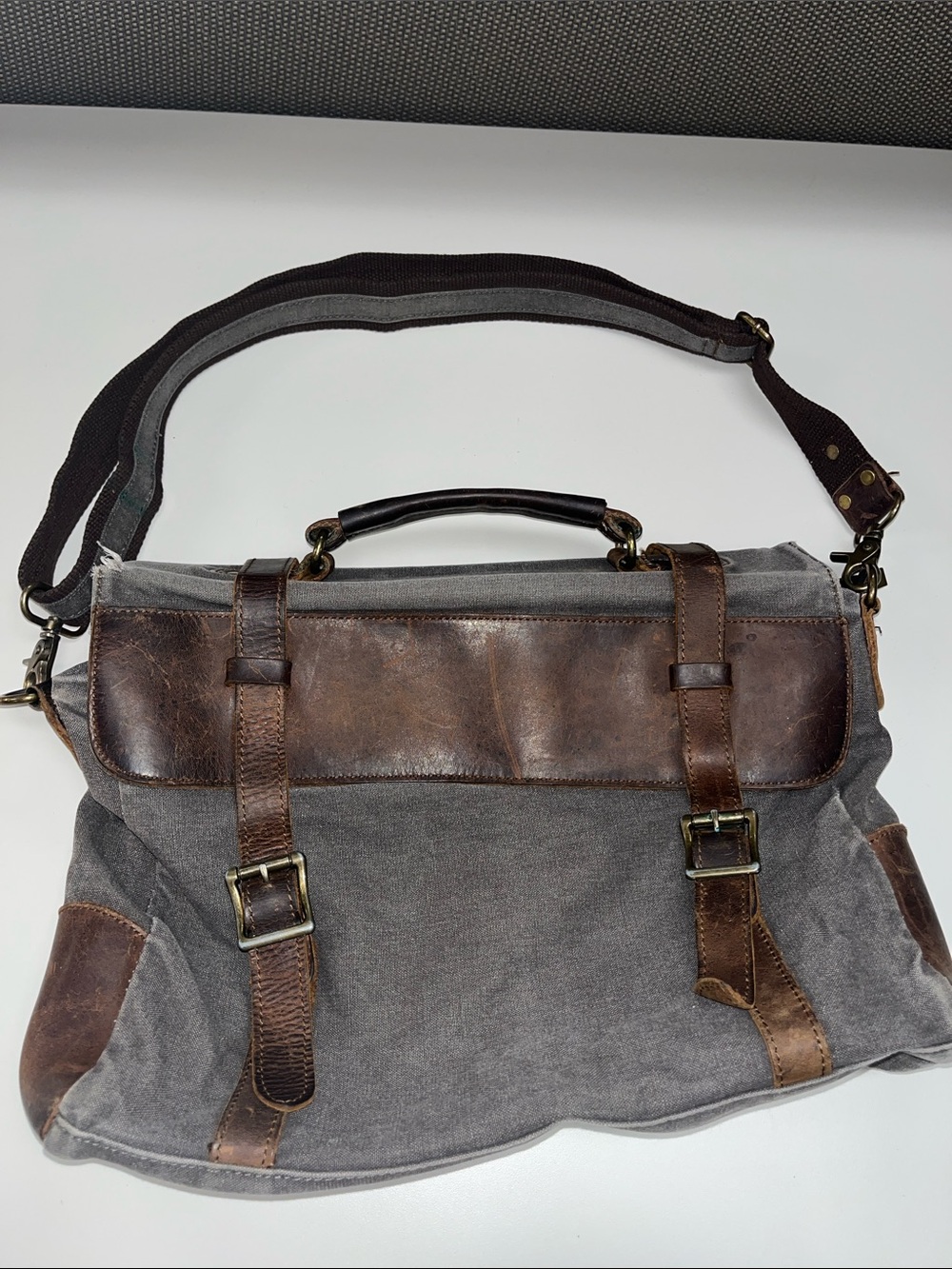 S-Zone Gray Canvas Messenger Bag with Brown Leather Trim - Classic Work Satchel